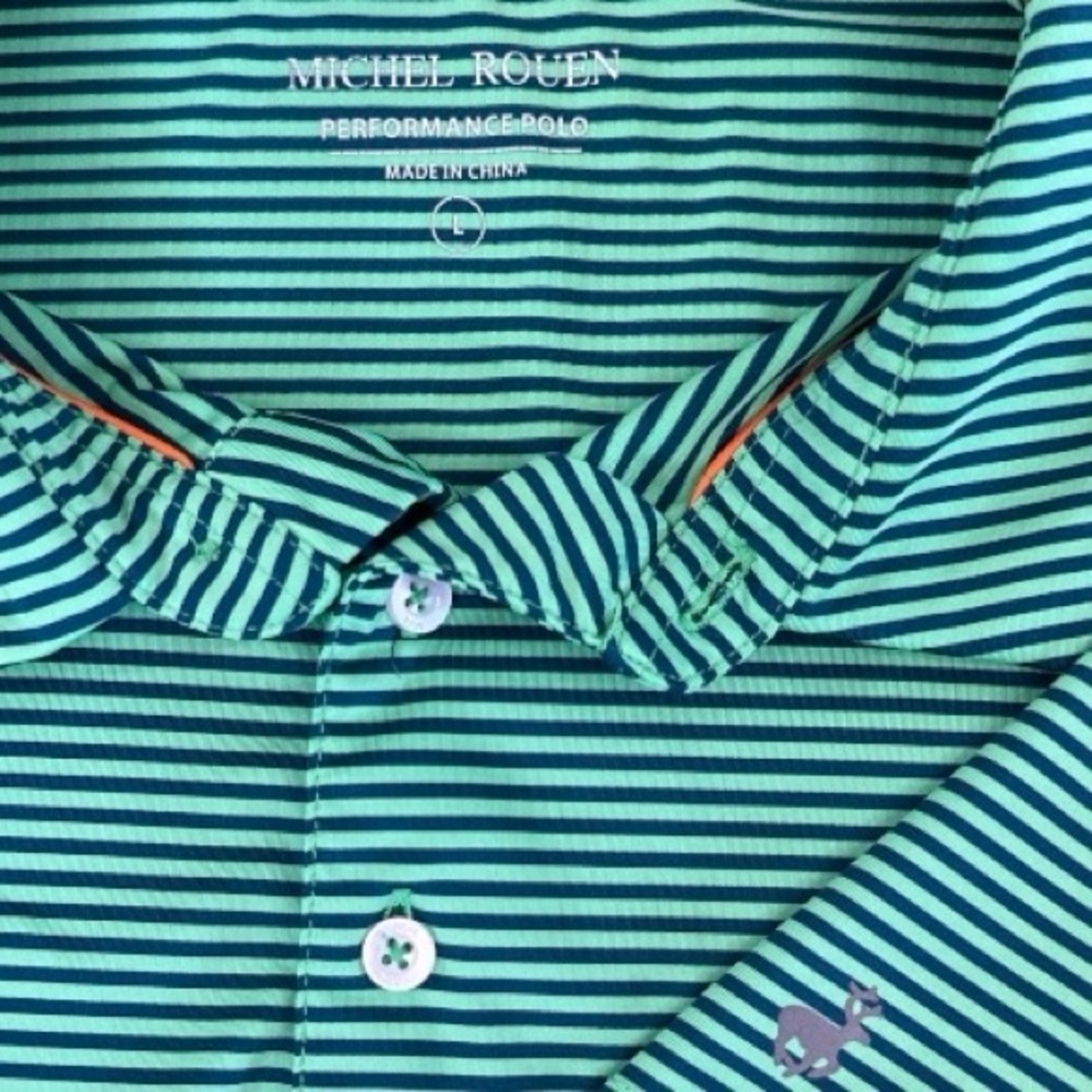 Michel Rouen Green and Navy Blue Striped Performance‎ Polo Shirt Mens Size L